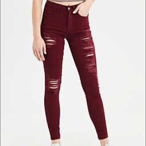 American eagle high waisted burgundy skinny jeans
